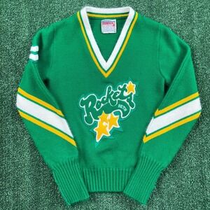 VTG Cheerleader Supply Co Sweater Women's 32 Green Rockets Acrylic V-Neck 70s